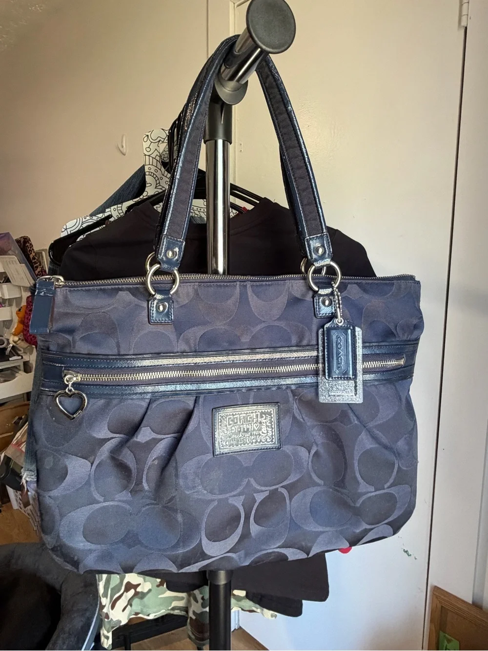 Coach Navy Signature Poppy  Tote with Heart Charm